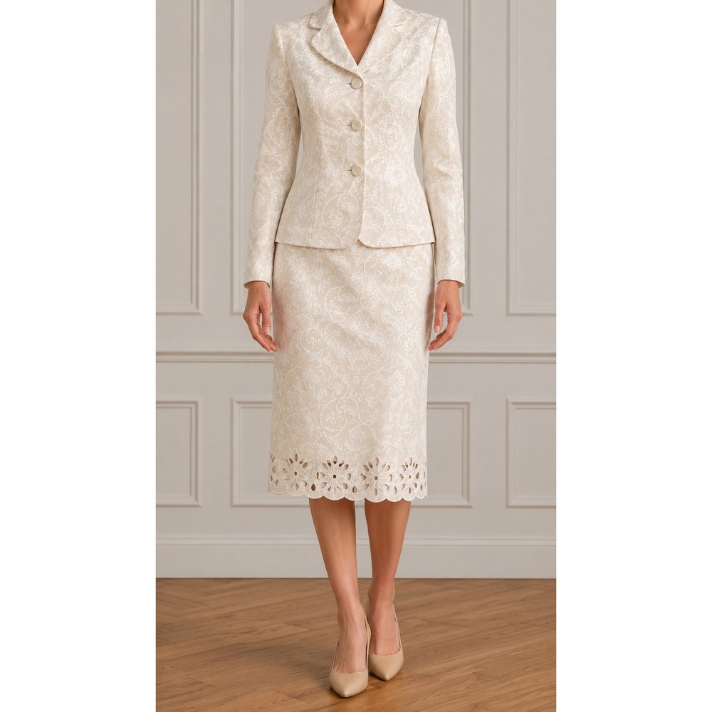 Le Suit Cream Jacquard Skirt Suit 8 Laser Cut Hem Blazer Church Modest Classic